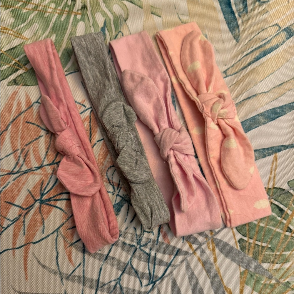 Baby Girls Cotton pink, grey, feather print Headwrap Bow Headband Set
